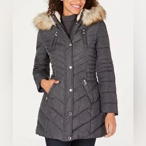 Laundry By Shelli Segal Charcoal Puffer Coat with Faux Fur Hood